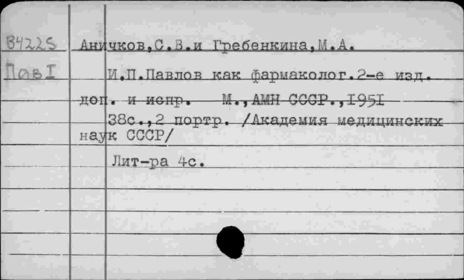 ﻿Ь11«>	Ань	чков,О.ВжИ Гребенкина,М.А.
Пае,!		И,П.Павлов как фармаколог.2-е ипд-
	. и А-П	« «пгт	м ЛМТТ ППЛР тост
		38с.»2 портр. /Академия медицинские
	наз	к СССР/
		Лит-ра 4с.
		
		
		
		V
		